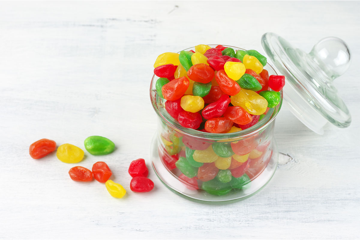 Colorful Gushers snack in the transparent jar | Girl Meets Food