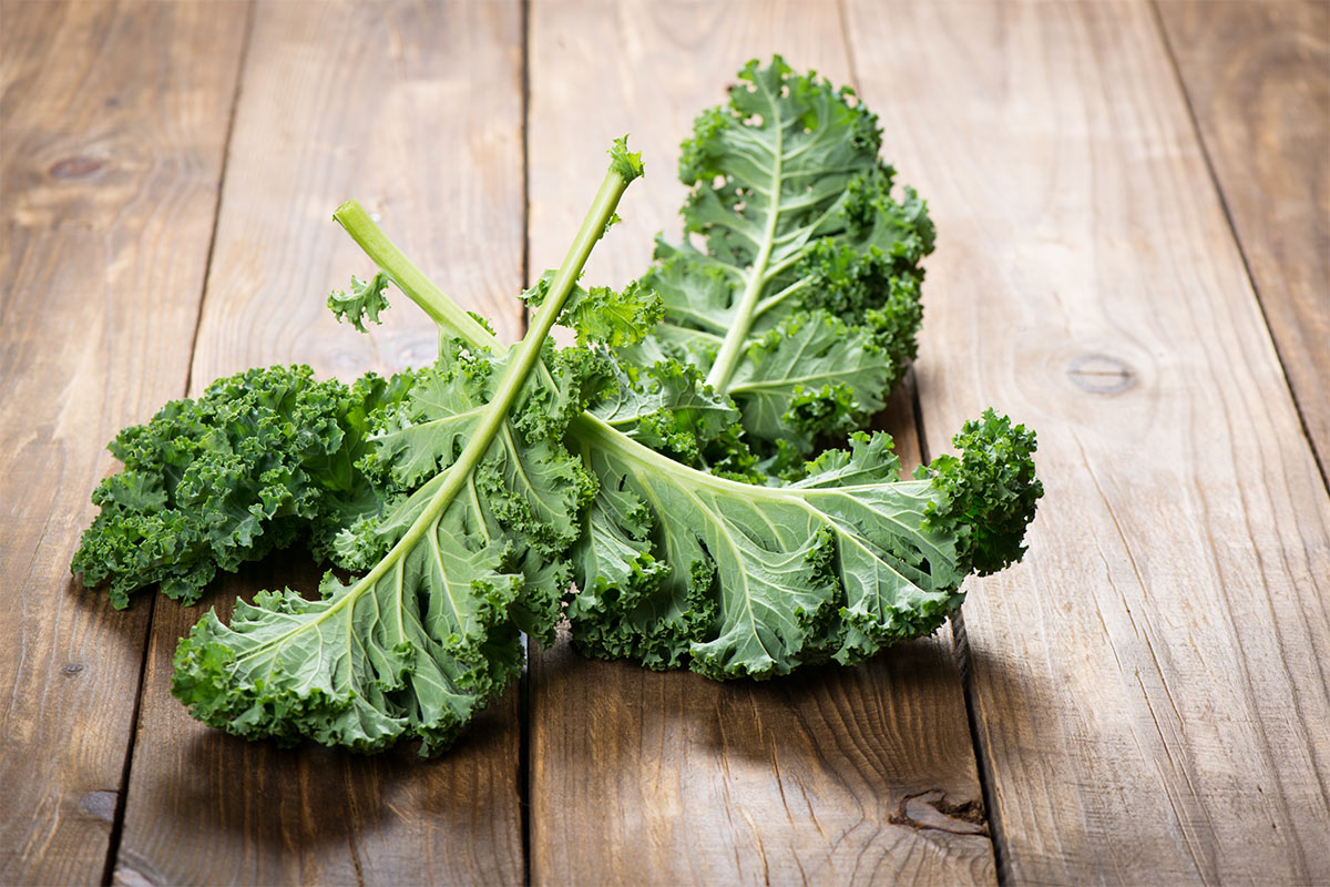 Fresh kale leaves are in a wooden bowl and on a chopping board with a knife and towel | Girl Meets Food