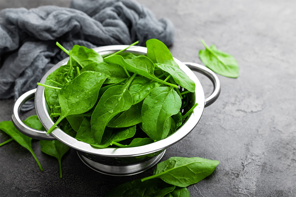 Fresh spinach is in a collander that stands on grey surface | Girl Meets Food