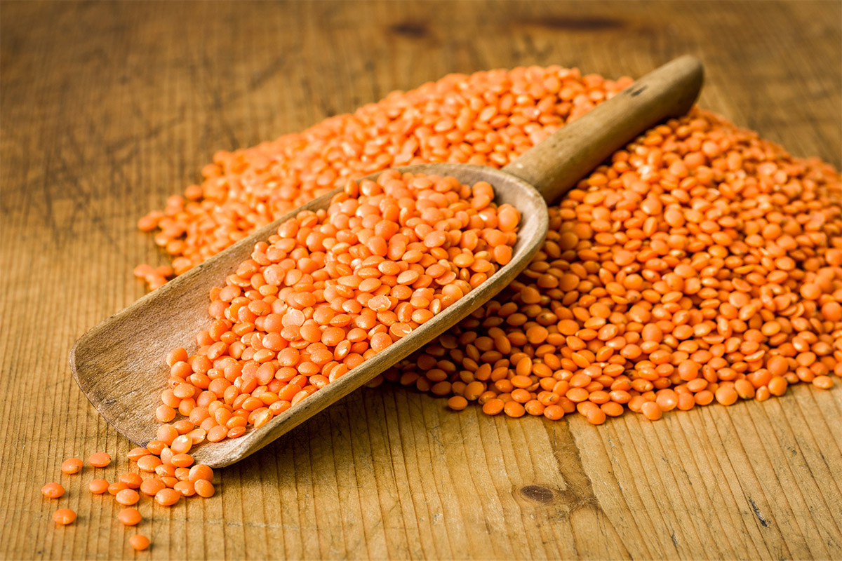 Red lentils with scoop on a wooden surface | Girl Meets Food