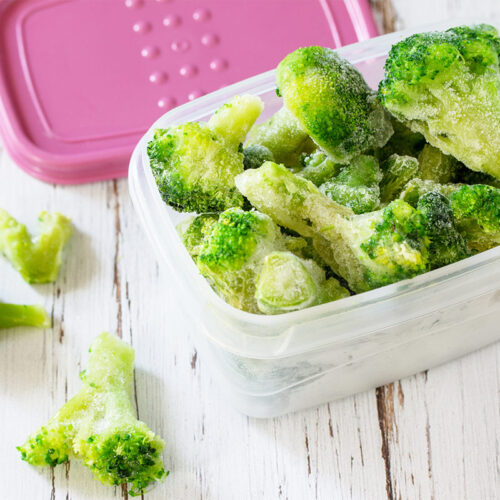 Frozen broccoli in the plastic container | Girl Meets Food