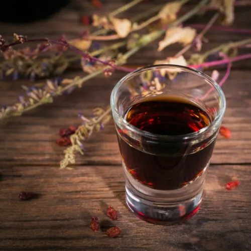 Pelinkovac shot with dried herbs on the table | Girl Meets Food