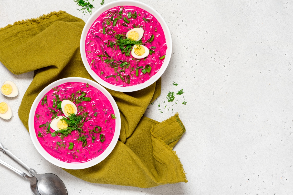 Two bowls of Chłodnik on the white surface | Girl Meets Food