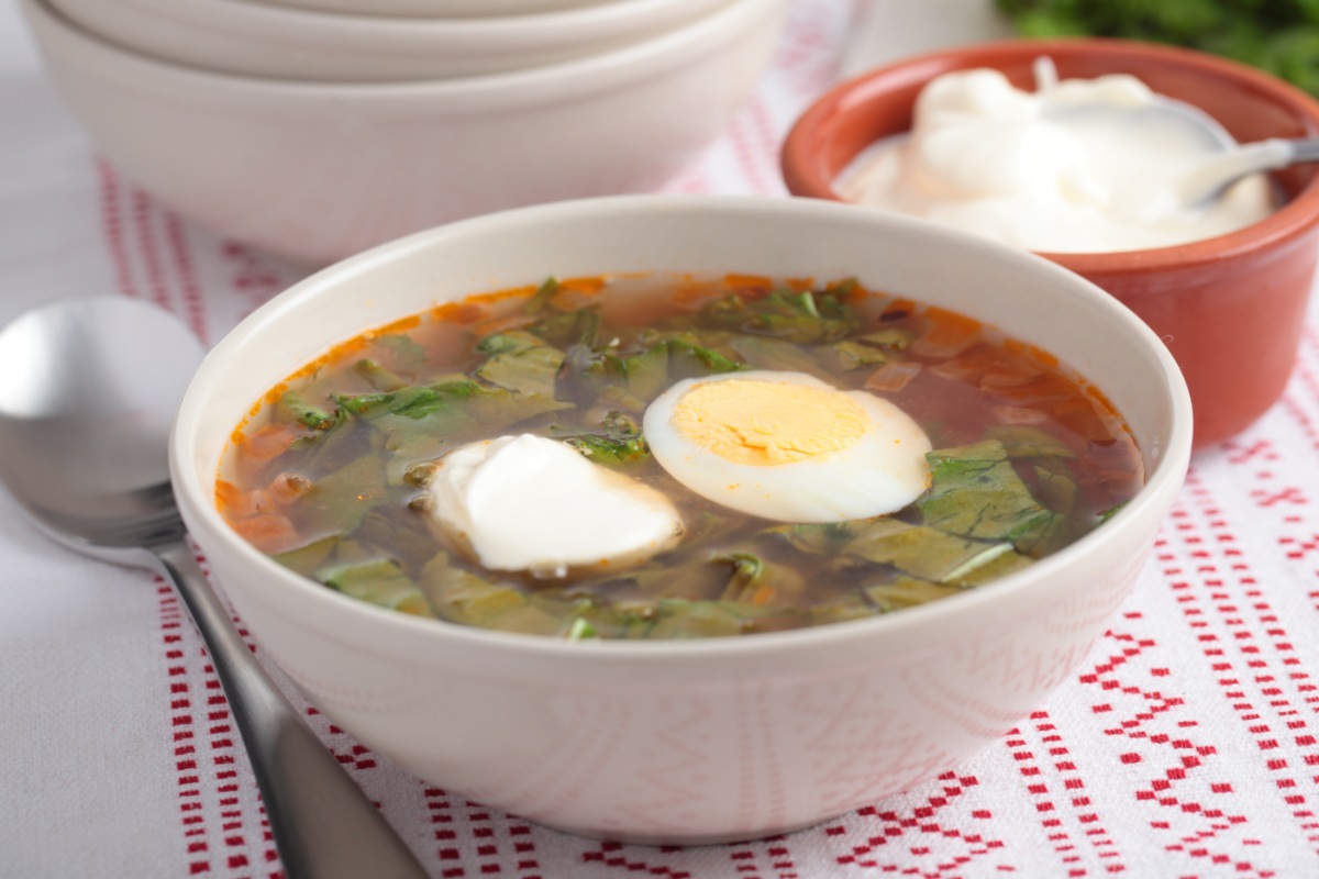 A bowl of green borscht (sorrel soup) on the table. There is a bowl of sour cream next to soup | Girl Meets Food